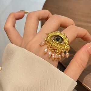 Gaze Devil’s Eye Ring Lucky Protective Retro Alloy & Imitation Pearl Jewelry 🧿
